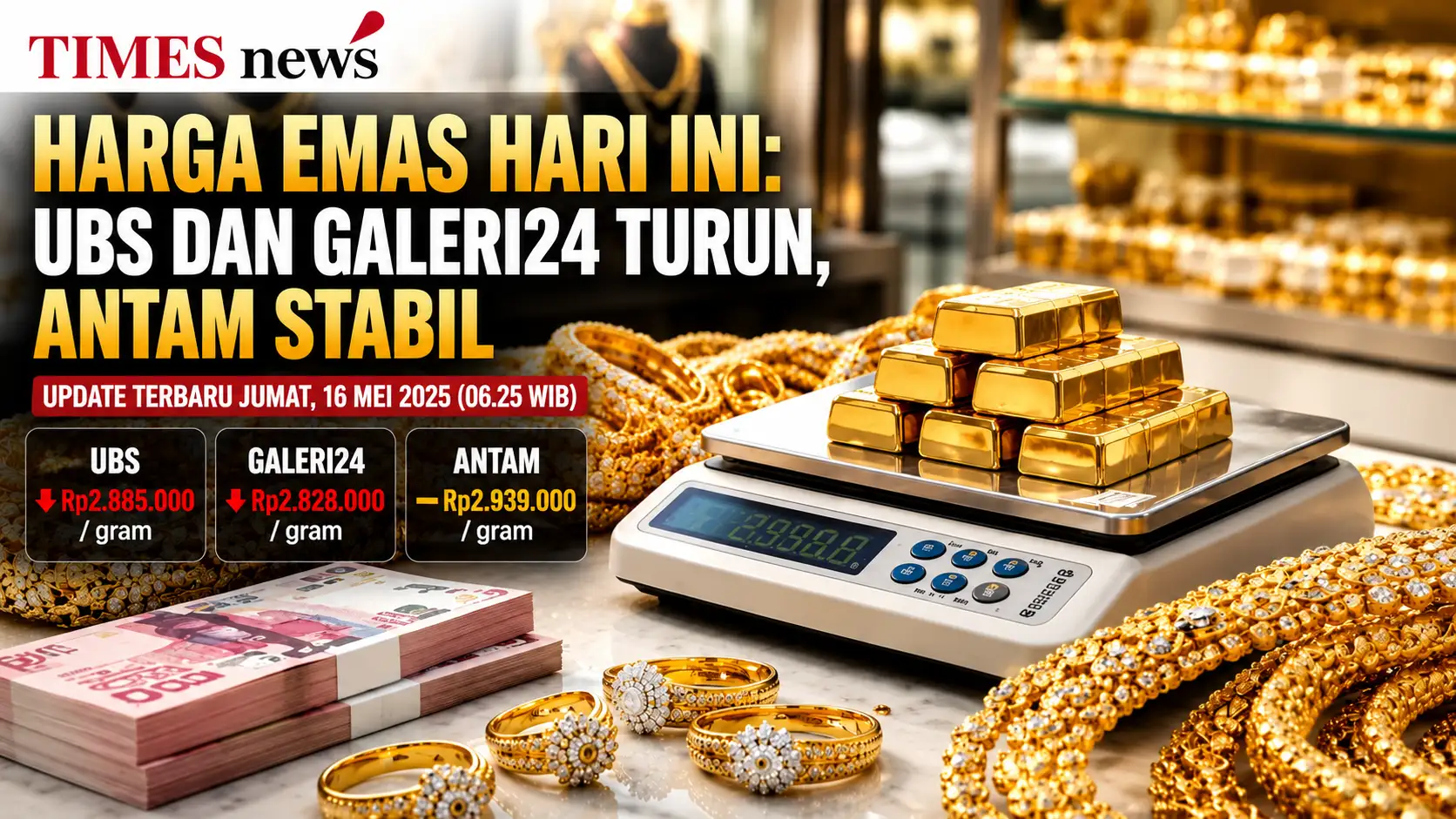 Harga Emas Pegadaian Hari Ini: UBS dan Galeri24 Turun, Antam Stabil